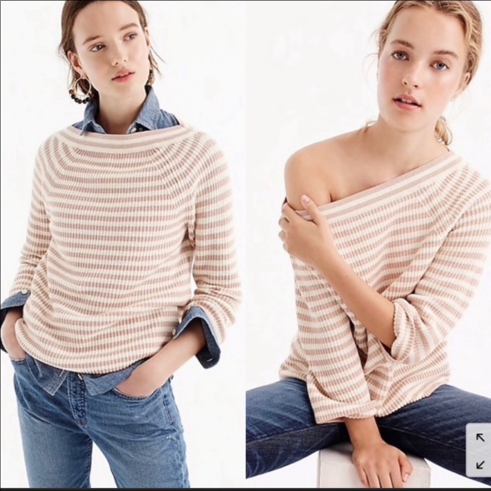 J. Crew Relaxed Striped Pink White Boatneck Ribbed‎ Sweater S